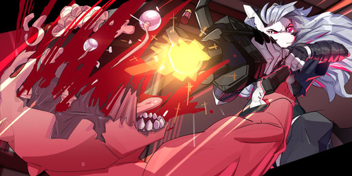 absolute_territory ambiguous_gender anthro arm_wraps biped blood bodily_fluids bone_fragments brain clothing crop_top duo eyeball female fur gore gun hair handgun midriff notched_ear organs pistol ranged_weapon red_eyes shell_(projectile) shirt shotgun shotgun_shell topwear weapon white_body white_fur white_hair wraps miscuitsxd hellaverse helluva_boss mythology loona_(helluva_boss) ambiguous_species canid canid_demon canine demon hellhound mammal mythological_canine mythological_creature absurd_res hi_res