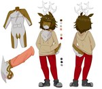 abs anthro antlers balls big_penis clothed clothing erection fur genitals hair horn male nipples nude penis simple_background smile solo jinu asroyal_sagittarius deer mammal digital_media_(artwork) hi_res model_sheet