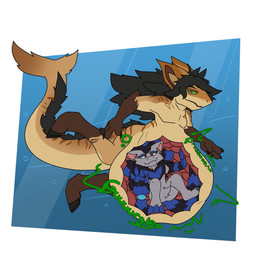 anthro anthro_pred anthro_prey black_hair brown_arms brown_body brown_ears brown_legs duo female female_pred green_eyes hair inside_stomach male male/female male_prey rumbling_stomach shark_tail underwater vore water furrfoxad aquatic fish shark 2026 hi_res