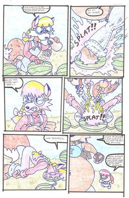 anthro belly big_belly blonde_hair brown_body brown_fur eyewear female food fruit fur glasses group hair melon outside overweight plant speech_bubble tail text trio watermelon virus-20 wendy_wolf_(virus-20) canid canine canis domestic_dog fox mammal wolf 2008 comic english_text