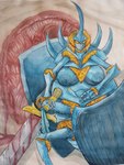 anthro areola big_breasts blood blood_on_weapon blue_areola blue_body blue_nipples bodily_fluids breasts female fur gore holding_melee_weapon holding_object holding_sword holding_weapon huge_breasts melee_weapon multi_limb nipples shield shield_on_back solo sword weapon yellow_body yellow_eyes yellow_fur wyrmskin arthropod beetle insect rhinoceros_beetle scarabaeid 3:4 hi_res traditional_media_(artwork)