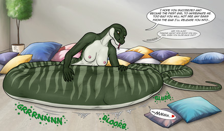 anthro anthro_pred apode belly big_belly black_fingernails black_nails breasts colored_nails duo female female_pred feral fingernails forked_tongue green_arms green_body green_stripes green_tail gynomorph heart_symbol inside intersex legless nails pillow plant rumbling_stomach serpentine speech_bubble stripes tail text tongue tree vore yellow_eyes dragonczech draconcopode naga reptile scalie 2026 english_text hi_res