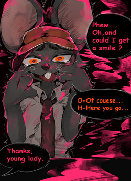 anthro big_ears bodily_fluids buckteeth clothed clothing collared_shirt crying dialogue dress_shirt employee_uniform female fully_clothed fur grey_body grey_fur looking_at_viewer shirt smile solo speech_bubble tears teeth text topwear wearing_hat izon448 ratricia_(el-k) mammal murid murine rat rodent absurd_res english_text hi_res