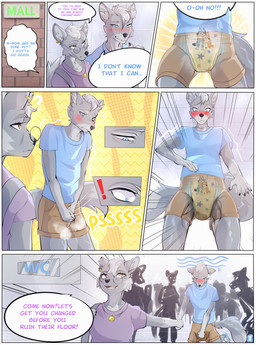 anthro bodily_fluids clothed clothing diaper diapered_male duo female genital_fluids leaking_diaper male peeing pull-ups_(diaper) text unclean_diaper urine used_diaper using_diaper wearing_diaper wet_diaper wetting wetting_diaper cozygrey canid canine canis mammal wolf comic english_text hi_res