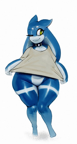 4_fingers ambiguous_gender belly big_butt biped blue_body blue_pseudo_hair blue_skin bottomless bottomless_ambiguous bottomless_humanoid butt closed_smile clothed clothing clothing_pull curvy_figure eyeliner featureless_crotch feet fingers glistening glistening_belly glistening_body glistening_butt glistening_eyes glistening_legs glistening_pseudo_hair glistening_skin glistening_thighs green_eyes grey_clothing grey_shirt grey_topwear huge_hips jewelry light long_pseudo_hair looking_aside makeup mouth_closed multicolored_body multicolored_skin necklace necklace_only nude one_eye_closed pear-shaped_figure pose pseudo_hair pupils shirt shirt_pull simple_background smile solo standing thick_thighs topwear topwear_pull two_tone_body two_tone_skin white_background white_body white_pupils white_sclera white_skin wide_hips sqoon skoon_(character) alien alien_humanoid humanoid puwa 2026 colored digital_drawing_(artwork) digital_media_(artwork) full-length_portrait hi_res lighting portrait shaded