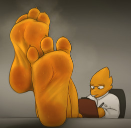 3_toes anthro bodily_fluids claws clipboard eyewear feet female foot_focus foot_on_table furniture glasses humanoid_feet musk musk_cloud musky_feet plantigrade scales soles solo sweat sweaty_feet table toe_claws toes yellow_body yellow_scales zalbox34 undertale_(series) alphys reptile scalie 2025 hi_res