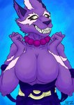 anthro breasts clothing dress featureless_breasts female fur jewelry looking_at_viewer markings necklace purple_body purple_clothing purple_fur simple_background solo neztiks brawlhalla asuri_(brawlhalla) felid feline mammal pantherine tiger hi_res