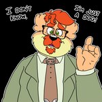 anthro black_nose brown_body clothing eyewear facial_hair glasses humanoid_hands male mature_male mustache necktie shirt simple_background slightly_chubby solo text topwear transparent_background bravo canid canine canis domestic_dog mammal 1:1 2024 alpha_channel english_text