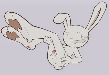 3_toes anus balls bite biting_lip blush bodily_fluids butt feet fur genital_fluids genitals half-closed_eyes legs_up male narrowed_eyes paws penis precum presenting simple_background solo spread_butt spreading tail toes white_body white_fur forestesme sam_and_max max_(sam_and_max) lagomorph leporid mammal rabbit hi_res