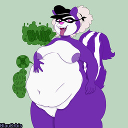 anthro belly big_belly big_breasts big_butt breasts burping butt digestion digestion_noises female fur gassy purple_body purple_fur smile solo vore blauorbis mammal mephitid skunk 1:1