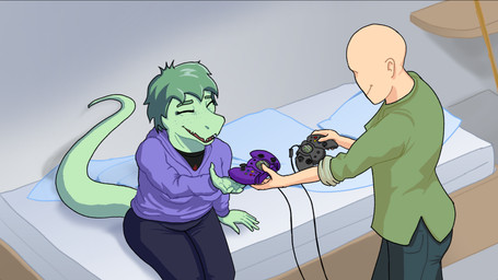 acceptance anthro bald bed bedding big_breasts biped black_clothing black_shirt black_topwear breasts clothed clothed_anthro clothed_female clothed_human clothed_male clothing controller duo eyes_closed female fingers freckled_face freckles furniture game_controller green_body green_hair hair happy hoodie human_on_anthro humanoid_hands inside interspecies male male/female non-mammal_breasts offering_to_another open_mouth open_smile pillow purple_clothing purple_hoodie purple_topwear shirt short_hair sitting smile tail topwear xbox_controller sebek_fereh_ra cavemanon_studios i_wani_hug_that_gator microsoft snoot_game xbox xbox_game_studios anon_(snoot_game) olivia_halford baryonyx dinosaur human mammal prehistoric_species reptile saurischian scalie spinosaurid theropod colored crossover hi_res shaded