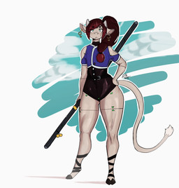 2_horns ambiguous_anthro ambiguous_gender anthro bionic_arm bionic_leg bionics biped clothed clothing cutout cybernetic_arm cybernetic_leg cybernetic_limb cybernetics ear_piercing flat_chested front_view fully_clothed hair hand_on_hip holding_object holding_staff hooves horn leotard long_hair looking_at_viewer machine piercing red_hair shoulder_cutout solo staff tail tail_tuft text tuft unguligrade white_body alihsart bovid bovine cattle cyborg mammal artist_name digital_drawing_(artwork) digital_media_(artwork) hi_res signature