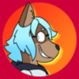 anthro black_nose blue_hair brown_body brown_fur clothing eyewear fur glasses hair hoodie male orange_background pointy_ears simple_background solo topwear wearing_glasses spookyspirit canid canine mammal icon low_res