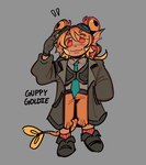 adjusting_goggles black_text bottomwear clothing coat emanata eyewear female fin footwear gloves goggles grey_background handwear head_fin looking_at_viewer necktie orange_bottomwear orange_clothing orange_eyes orange_shorts orange_tail red_clothing red_footwear red_socks shoes shorts simple_background socks solo standing tail tail_fin text topwear dumbtree final_fantasy final_fantasy_xiv square_enix guppy_goldie animal_humanoid cyprinid cypriniform fish fish_humanoid goldfish goldfish_humanoid humanoid hybrid lalafell marine marine_humanoid character_name digital_drawing_(artwork) digital_media_(artwork) handwritten_text hi_res