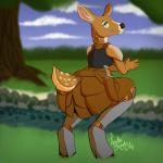 anthro armor blue_eyes butt butt_pose clothing creek crouching female forest gloves grass handwear knife plant pose solo tree water acethebigbadwolf deer mammal 1:1 absurd_res digital_media_(artwork) hi_res