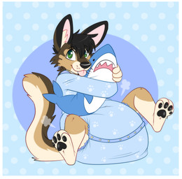 4_toes ambiguous_gender anthro big_diaper black_ears black_hair black_nose black_pawpads border brown_body brown_ears brown_fur brown_tail button_(fastener) clothed clothing cloud_emanata diaper diaper_puff diaper_under_clothing diaper_under_onesie dotted_background emanata feet fur hair holding_object holding_plushie inner_ear_fluff multicolored_body multicolored_ears multicolored_fur multicolored_tail onesie pattern_background pawpads pink_inner_ear pink_inner_ear_fluff plushie simple_background sitting smile solo tail tan_body tan_fur tan_tail toes tongue tongue_out tuft wearing_diaper whisker_spots white_border jupiters ikea blahaj jack_cabbit domestic_cat felid feline felis hybrid lagomorph leporid mammal rabbit hi_res