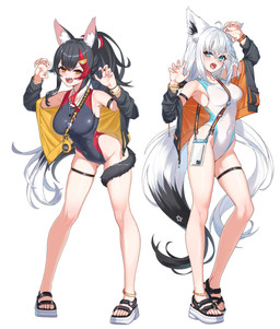 accessory ahoge arm_strap black_hair blue_eyes breasts cellphone clothing dipstick_tail duo electronics eyebrow_through_hair eyebrows eyelashes fangs feet female footwear hair hair_accessory hair_ribbon highlights_(coloring) inner_ear_fluff jacket legband markings one-piece_swimsuit open_mouth phone ponytail red_highlights ribbons sandals shoes smartphone sport_swimsuit swimwear tail tail_markings teeth thighband topwear translucent translucent_hair tuft whistle_(object) white_hair yellow_eyes ta_shiuji30 hololive vtuber ookami_mio shirakami_fubuki animal_humanoid canid canid_humanoid canine canine_humanoid fox_humanoid humanoid mammal mammal_humanoid 2025 hi_res