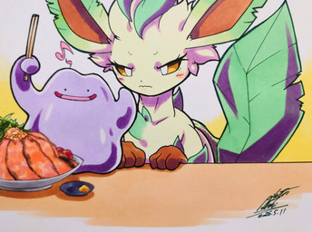 ambiguous_gender angry blush blush_lines brown_eyes chopsticks duo eyelashes feral food fur holding_chopsticks holding_object musical_note musical_symbol open_mouth paws plate pupils purple_body size_difference symbol tan_body tan_fur tongue white_pupils 025aki nintendo pokemon ditto_(pokemon) eeveelution generation_1_pokemon generation_4_pokemon leafeon pokemon_(species) 2026 absurd_res dated hi_res signature