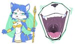 anthro blue_body blue_fur breasts cleavage clothed clothing countershade_face countershade_torso countershading dipstick_tail fangs female fur gaping_mouth markings mouth_shot open_mouth solo staff tail tail_markings teeth tongue uvula white_body white_fur lecigzz nintendo star_fox krystal_(star_fox) canid canine fox mammal 2023