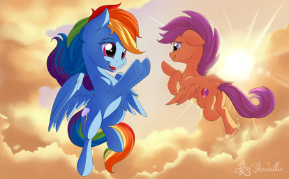 blue_body blue_fur cloud cutie_mark duo feathered_wings feathers female feral flying fur hair hooves multicolored_hair nude open_mouth orange_body orange_fur outside pink_eyes purple_hair rainbow_hair sky smile sun wings mrardilla friendship_is_magic hasbro my_little_pony mythology rainbow_dash_(mlp) scootaloo_(mlp) equid equine horse mammal mythological_creature mythological_equine pegasus pony absurd_res hi_res