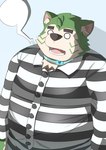 anthro collar eyebrows fur green_body green_fur male overweight prison_uniform solo thick_eyebrows toto3_official lifewonders live_a_hero mokdai canid canine canis domestic_dog mammal hi_res