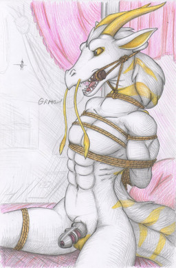 2_horns abs angry animal_genitalia animal_penis anthro arms_tied balls bdsm bed bedroom bit_gag bondage bound chastity_cage chastity_cage_only chastity_device chastity_device_only curtains female fully_bound fur furniture gag gagged genitals hair hands_behind_back horn inside legs_tied logo long_neck looking_forward male markings muffled muscular muscular_anthro muscular_arms muscular_male navel neck_tied nude nude_anthro nude_male on_bed open_mouth open_mouth_gag penis pillow restrained restraints rope rope_bondage rope_harness sharp_teeth sitting sitting_on_bed solo striped_body striped_fur striped_markings striped_tail stripes submissive submissive_anthro submissive_female tail tail_markings teeth tongue unsupported_chastity_cage wearing_chastity_cage wearing_chastity_device white_body white_fur white_tail yellow_balls yellow_horn yellow_sclera yellow_stripes spiritalpha mythology dragon eastern_dragon furred_dragon furred_scalie mythological_creature mythological_scalie scalie wingless_dragon artist_logo colored_pencil_(artwork) graphite_(artwork) hi_res traditional_media_(artwork)
