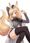 blonde_hair blue_eyes breasts butt clothing female fur hair headgear inner_ear_fluff legwear sitting smile solo thigh_highs tuft white_body white_fur kotayo arknights hypergryph studio_montagne whislash_(arknights) animal_humanoid equid equid_humanoid equine equine_humanoid humanoid mammal mammal_humanoid 2021 absurd_res hi_res