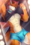 abs anthro biped black_nose blue_eyes boxer_briefs bulge clothed clothing collar eyebrows fur inner_ear_fluff looking_at_viewer male male_anthro mirror mirror_selfie muscular muscular_anthro muscular_male orange_body orange_fur pecs selfie shirt smile solo tail tan_body tan_fur tank_top teeth topwear tuft underwear sunnyowi canid canine canis mammal wolf digital_media_(artwork) hi_res