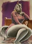 anthro biped blush breasts cleavage cleavage_cutout clothed clothing cutout female fur grey_body grey_fur grey_hair hair keyhole_turtleneck looking_at_viewer seductive sitting solo sweater thick_thighs topwear turtleneck siyah equid equine mammal traditional_media_(artwork)