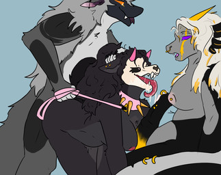 anthro bent_over bodily_fluids breast_piercing collar crossed_legs cum cum_dripping_from_mouth cum_on_face ear_piercing excessive_saliva facial_piercing facial_scar female furgonomic_piercing furgonomics genital_fluids genital_piercing genitals group group_sex gynomorph hair hair_grab heart_eyes heart_symbol intersex intersex/female ladder_piercing leash leash_pull leashed_collar male male/female multiple_piercings muzzle_piercing nose_piercing penis penis_between_breasts penis_piercing piercing prince_albert_piercing pulling_hair saliva scar sex simple_background smug smug_expression smug_eyes smug_face smug_grin tail tail_piercing threesome tongue tongue_out tongue_piercing touching_hair trio axxelroze scp_foundation axxel_(axxelroze) hellebore_(mallikathesatanist) mallikathesatanist scp-1471-a amphibian aquatic axolotl malo mole_salamander salamander skulldog_(species) zeuclid hi_res