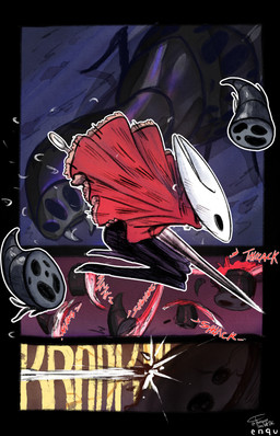 ambiguous_gender anthro biped black_body black_eyes cloak clothing cutting death empty_eyes feral fight group hornet's_needle jumping onomatopoeia red_cloak red_clothing solo_focus sound_effects text white_body enquaston hollow_knight:_silksong hollow_knight_(franchise) team_cherry hornet_(hollow_knight) arthropod gargant_gloom gloomsac insect 2025 artist_name comic digital_media_(artwork) english_text hi_res signature female_(lore)