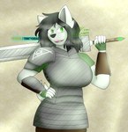 anthro armor armor_plates black_hair black_nose boob_armor clothing emblem female fur gloves greatsword green_eyes hair handwear light plate_skirt platemail short_tail shoulder_length_hair smile solo tail weapon_on_shoulder trinitygodag patreon amnisia_(trinitygodag) canid canine canis mammal wolf 2023 absurd_res digital_drawing_(artwork) digital_media_(artwork) hi_res lighting shaded signature