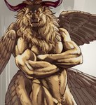 2_horns 4_wings anthro barely_visible_genitalia barely_visible_penis biceps big_muscles biped crossed_arms crotch_tuft curved_horn feathered_wings feathers fur genitals grey_background horn light lips looking_at_viewer male mane mouth_closed multi_wing muscular muscular_anthro muscular_male nude orange_eyes pecs penis pupils simple_background slit_pupils solo standing stare tan_body tan_fur thick_bottom_lip tuft v-cut wings inubikko delicious_in_dungeon winged_lion_(delicious_in_dungeon) chimera felid lion mammal pantherine 2023 digital_drawing_(artwork) digital_media_(artwork) hi_res lighting shaded