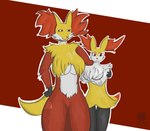 absurd_res anthro big_breasts black_body black_fur braixen breast_curtains breasts canid canine crossed_arms delphox duo female female/female fox fur generation_6_pokemon hi_res koth4 mammal multicolored_body multicolored_fur nintendo pokemon pokemon_(species) simple_background size_difference thick_thighs white_body white_fur yellow_body yellow_fur