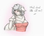 5_fingers anthro areola_outline big_breasts black_eyebrows black_text blue_eyes breasts cleavage clothed clothed_anthro clothed_female clothing curly_hair dialogue ears_down eyebrows eyelashes female female_anthro fingers fluffy fluffy_tail fur gesture grey_hair hair hand_gesture lips markings mole_(marking) nipple_outline partial_speech_bubble pink_clothing pink_lips pink_nose pink_shirt pink_topwear pivoted_ears pointing pointing_at_self pupils ruff shirt snout solo tail teeth text topwear white_body white_ears white_fur white_tail meowmere domestic_cat felid feline felis mammal bust_portrait english_text hi_res portrait