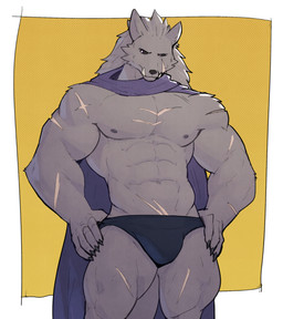 5_fingers abs anthro black_sclera claws cloak clothing fingers fur grey_body grey_fur looking_away male muscular muscular_anthro muscular_male scar scars_all_over solo tusks underwear jrjresq elden_ring fromsoftware blaidd_(elden_ring) canid canine canis mammal wolf 2022 hi_res