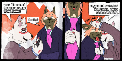 accessory anthro boss clothing dialogue dialogue_box duo electronics exclamation_point grey_clothing grey_suit hand_symbol head_scratch headpat male male/male necktie phone pink_necktie scruffy simple_background size_difference suit workplace dogipound mau_makan_apa jarwa_(tempehenis) jaya_utomo_(mau_makan_apa) ambiguous_species canid canine fox mammal comic story