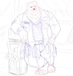 anthro bulge clothed clothing eye_scar facial_scar machine male musclegut muscular neck_tuft scar smile solo standing tuft work_clothes riseson mihoyo zenless_zone_zero ben_bigger bear brown_bear grizzly_bear mammal ursine sketch unfinished