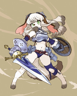 anthro armor barefoot belt breasts clothing feet female fur gauntlets gloves green_eyes handwear holding_melee_weapon holding_object holding_shield holding_sword holding_weapon looking_at_viewer melee_weapon navel shield simple_background solo standing sword unconvincing_armor weapon white_body white_fur gomtaros canid canine canis domestic_dog mammal 2021 absurd_res hi_res