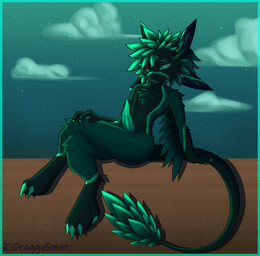 animal_genitalia anthro bedroom_eyes biped black_sclera butt cheek_tuft chest_tuft claws cloud crossed_legs erection facial_tuft feathers fur genital_slit genitals inner_ear_fluff male multi_ear narrowed_eyes navel night nude outdoor_nudity outside paws penis seductive sigging slim small_waist solo tapering_penis teal_body teal_feathers teal_fur teal_penis tuft draggyavali avali digital_drawing_(artwork) digital_media_(artwork) hi_res signature