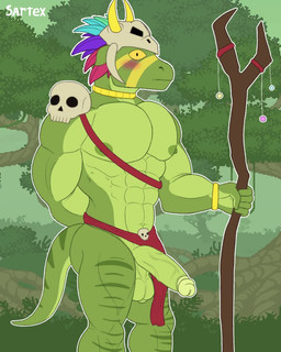 abs anthro balls big_muscles big_pecs big_penis blush bone bone_mask bottomwear bottomwear_aside clothed clothing clothing_aside erection feathers genitals glans gold_(metal) gold_jewelry green_body hand_behind_back horn humanoid_genitalia humanoid_penis jewelry loincloth loincloth_aside loincloth_only looking_at_viewer male mask muscular muscular_anthro muscular_arms muscular_legs muscular_male navel necklace nipples non-mammal_balls nude pecs penis scrotum_flap skull skull_mask solo standing tail throbbing throbbing_penis topless yellow_eyes sartex terraria shimmered_witch_doctor witch_doctor_(terraria) lihzahrd lizard lizardman reptile scalie 2026 2d_animation 4:5 animated no_sound short_playtime signature video
