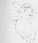 breasts eyelashes female fin inverted_nipples nipples non-mammal_breasts pose semi-anthro smile solo sbshouseofpancakes hanna-barbera jabberjaw jellystone_(hbo_max) jabberjaw_(character) fish marine shark monochrome traditional_media_(artwork)