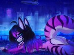 blue_eyes breasts butt city city_background cityscape female fur inner_ear_fluff night nude science_fiction star_destroyer striped_body striped_fur stripes tuft kolae star_wars canid canine fox mammal 2023 hi_res