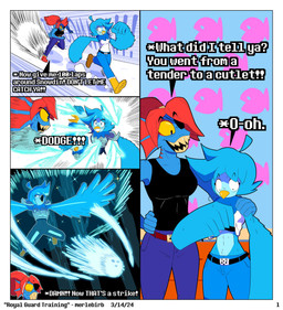 anthro armor beak biped blue_body blue_feathers blue_hair blue_scales bodily_fluids bowling_ball breasts bulging_eyes clothed clothed_anthro clothed_female clothing delta_rune_(emblem) dialogue dodging duo eye_patch eyewear feathers female fight flying hair hand_on_shoulder midriff outside red_hair running scales snow sweat symbol text topwear_lift training winged_arms wings merlebirb_(artist) undertale_(series) undertale_yellow martlet_(undertale_yellow) undyne animal_humanoid avian bird fish fish_humanoid humanoid marine marine_humanoid 2024 absurd_res artist_name comic dated digital_drawing_(artwork) digital_media_(artwork) english_description english_text hi_res