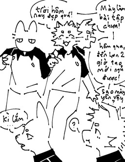 anthro blush blush_lines blush_stickers clothed clothing dialogue duo eating eyes_closed food happy holding_food holding_object male male/male milk open_mouth pastry school_uniform smile speech_bubble text uniform toastedeh toast_(toastedeh) canid canine canis domestic_cat domestic_dog felid feline felis mammal monochrome translated vietnamese_text