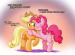 blonde_hair clothing cowboy_hat cutie_mark dialogue duo eyes_closed female feral freckles green_eyes hair hat headgear headwear horn hug multicolored_hair pink_hair simple_background smile text heir-of-rick friendship_is_magic hasbro my_little_pony applejack_(mlp) pinkie_pie_(mlp) earth_pony equid equine horse mammal pony 2017 english_text