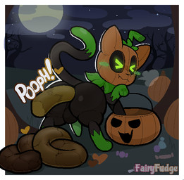 anus backsack balls big_butt black_sclera blush blush_lines blush_stickers border breath butt candy chewing dessert embarrassed erection excessive_feces eyes_closed feces feces_pile feral food for_a_head fruit genitals glowing glowing_eyes green_blush green_eyes heart_symbol looking_back male male_pooping moon night paw_pose paws penis plant pooping pooping_on_grass pose pumpkin pumpkin_head quadruped rear_view scatplay solo sound_effects text white_border fairyfudge pumkat domestic_cat elemental_creature felid feline felis flora_fauna mammal object_head artist_name digital_media_(artwork)