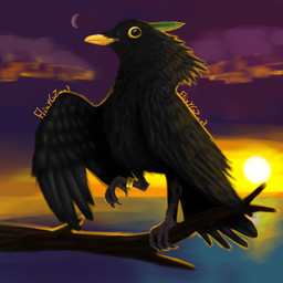 ambiguous_gender beak black_body black_feathers branch feathers feral leaf leaf_on_head leg_ring moon solo sunset flixygz_x3 avian bird common_blackbird oscine passerine thrush_(bird) true_thrush 1:1 tagme