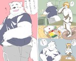 anthro blush bottomwear clothing cooking duo eyes_closed food kemono male overweight overweight_male pants shirt text topwear inunoshippo canid canine canis domestic_dog mammal 2022 5:4 comic hi_res japanese_text