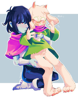 ambiguous_gender anthro balls biped blush bodily_fluids bottomless bottomless_anthro clothed clothing dialogue duo eyewear flaccid foreskin fur genitals glasses hand_on_butt hug human_on_anthro humanoid_genitalia humanoid_penis interspecies male male/male pawpads paws penis size_difference tears text unretracted_foreskin upskirt white_body white_fur young young_anthro young_male fusho deltarune undertale_(series) kris_dreemurr ralsei bovid caprine goat human mammal hi_res